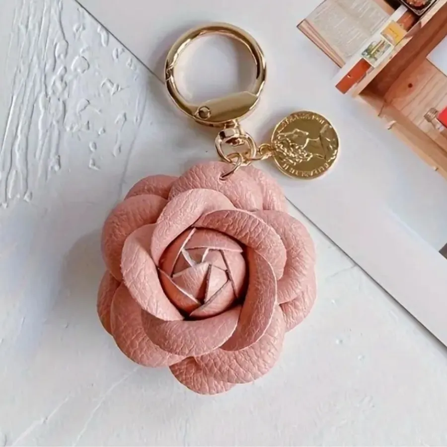 NEW Light Pink Vegan Leather Camellia Keychain Bag charm Gold