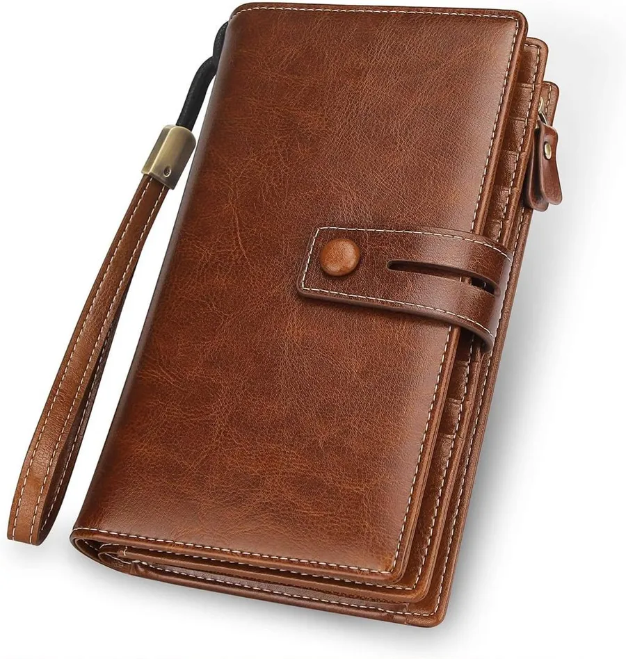 FUNTOR Women's Big Fat RFID Blocking Brown Leather Zip Around Wallet