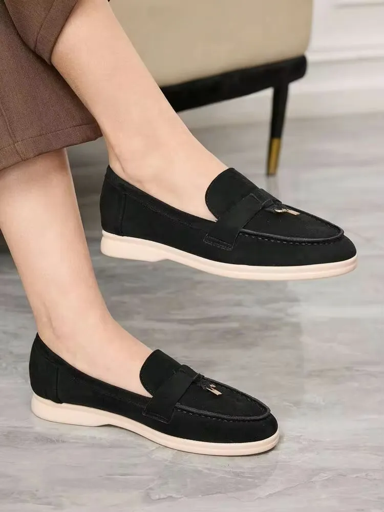 Faux Suede Metal Accent Moccasin Loafers Black Size 7