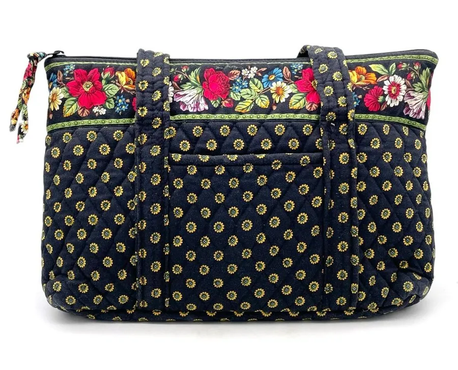 Vera Bradley Betsy Bag Vibrant Black Retired Quilted Floral Zip Top Tote Bag VTG