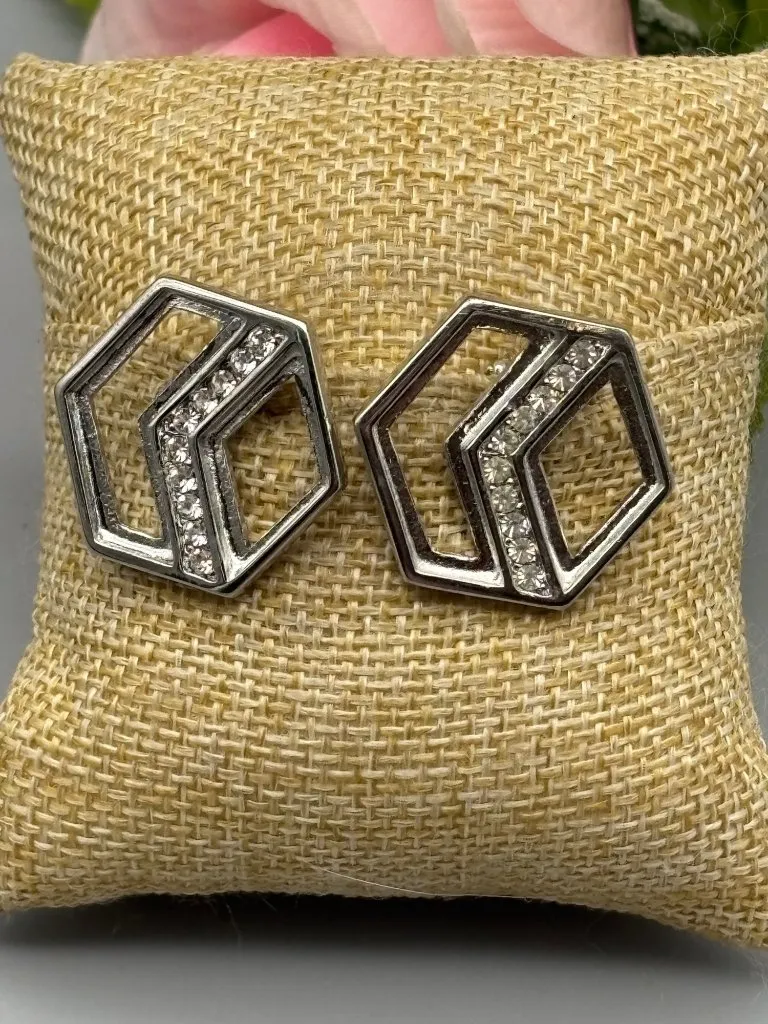 VTG Signed Bogola Art Deco Style Geometric Rhinestone Silver Tone Earrings