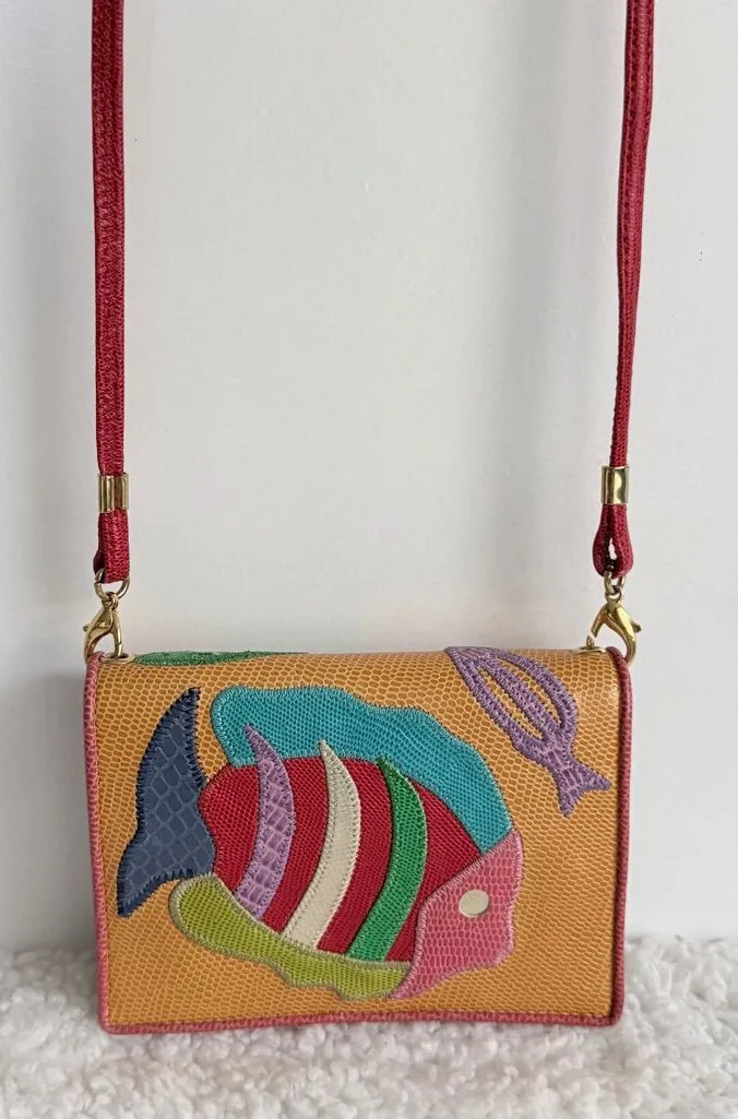 So Cute Handmade Mexican Leather Fish/Appliqué Crossbody Wallet Blue