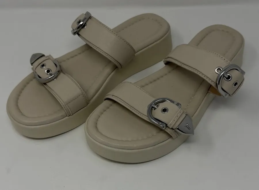 Frye Western Double Buckle Platform Slide Sandal Beige Leather Women Size 8