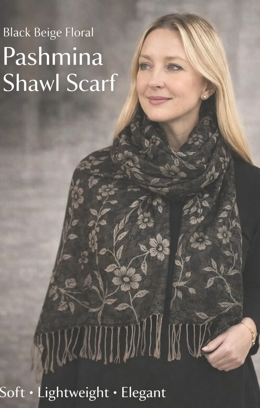Black Beige Floral Pashmina Shawl Scarf Lightweight Elegant Wrap Women Winter