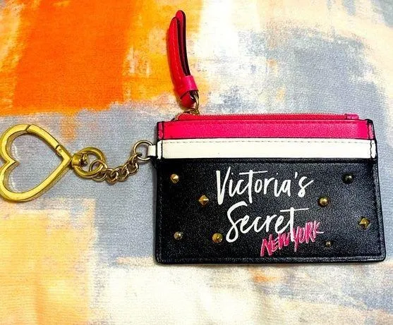 NWOT Victoria’s Secret Coin Wallet Card Case Black/pink With Heart Keychain