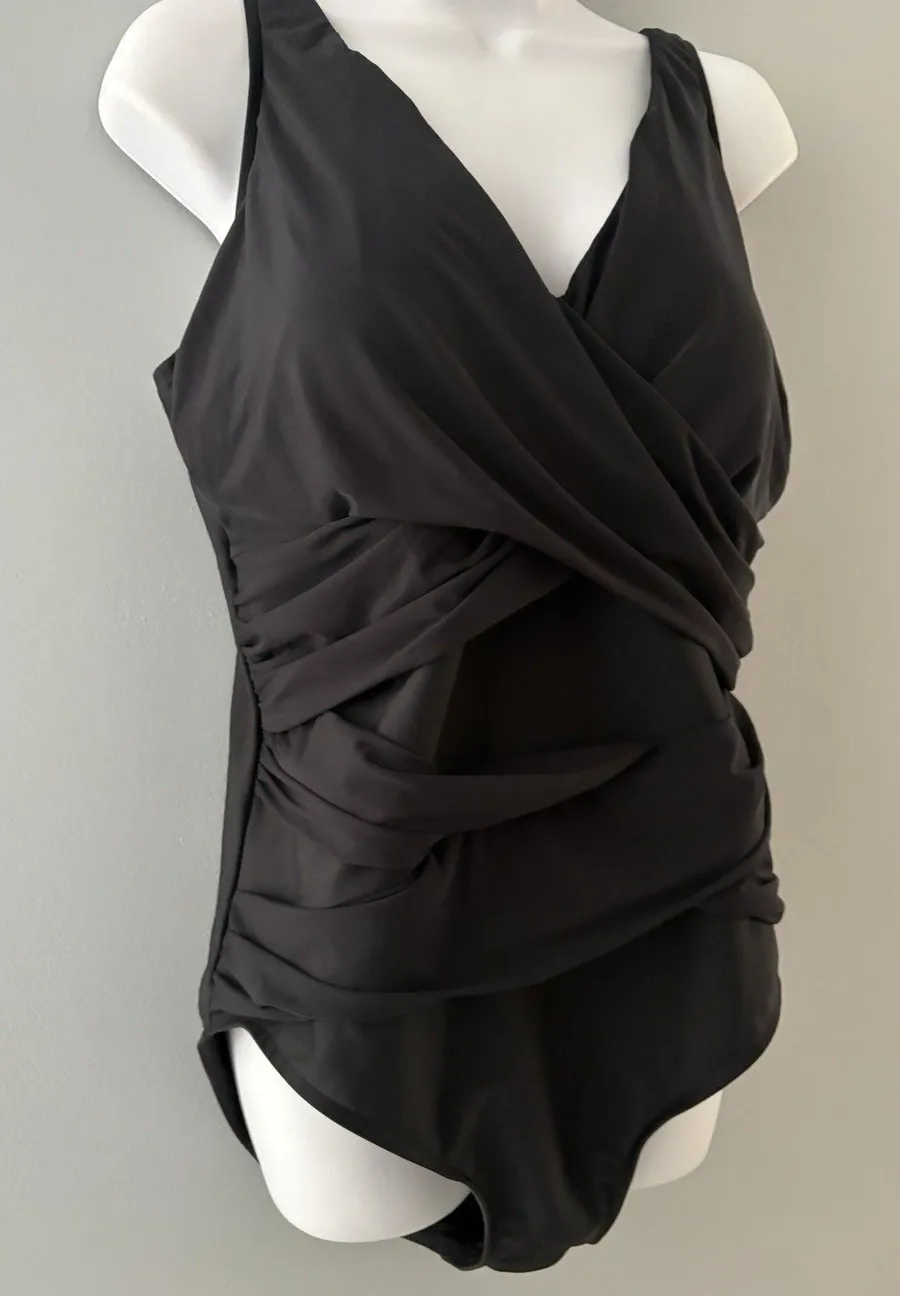 Miraclesuit One Piece Wrap Swimsuit Size 18 Black Ruching Slimming 6502910
