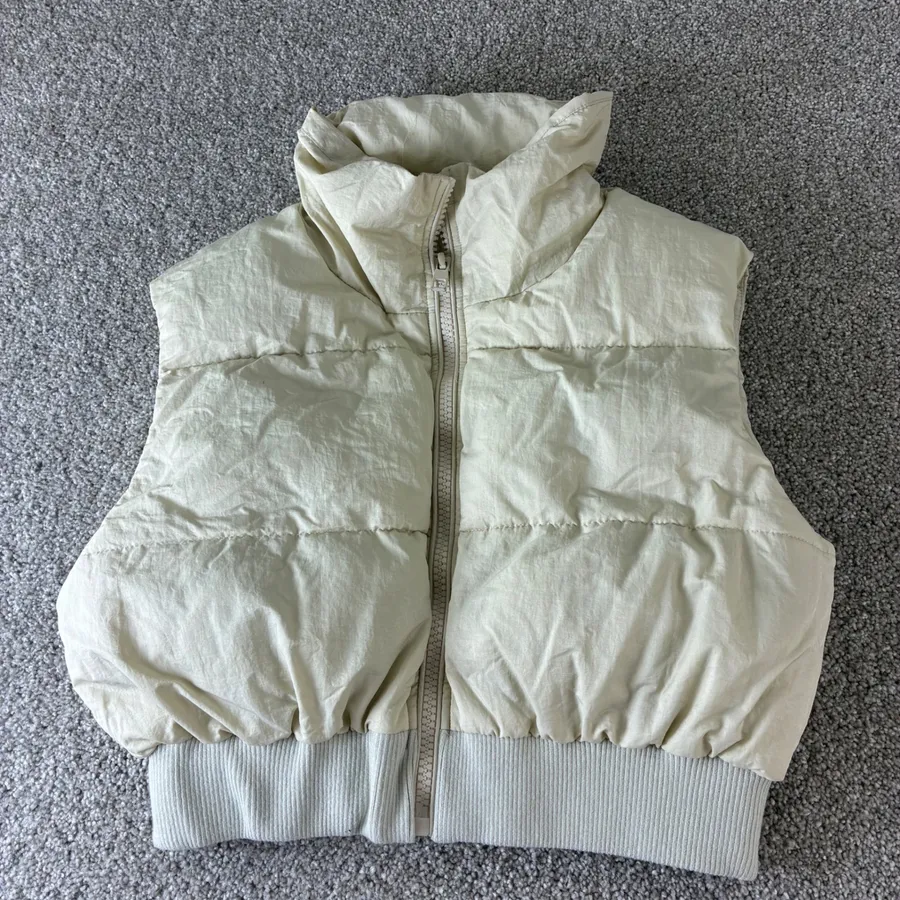 Garage Puffer Vest Sleeveless Padded Jacket Crop Top High Neck Beige Casual Tan Size undefined