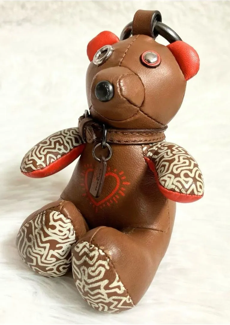 ✨Coach x Keith Haring Collaboration, Leather Bear Bag Charm or Key Holder Brown.
