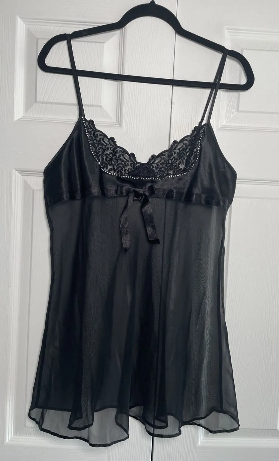 Fantasies Morgan Taylor Lace Satin Babydoll Womens Size L Black Sheer Lingerie