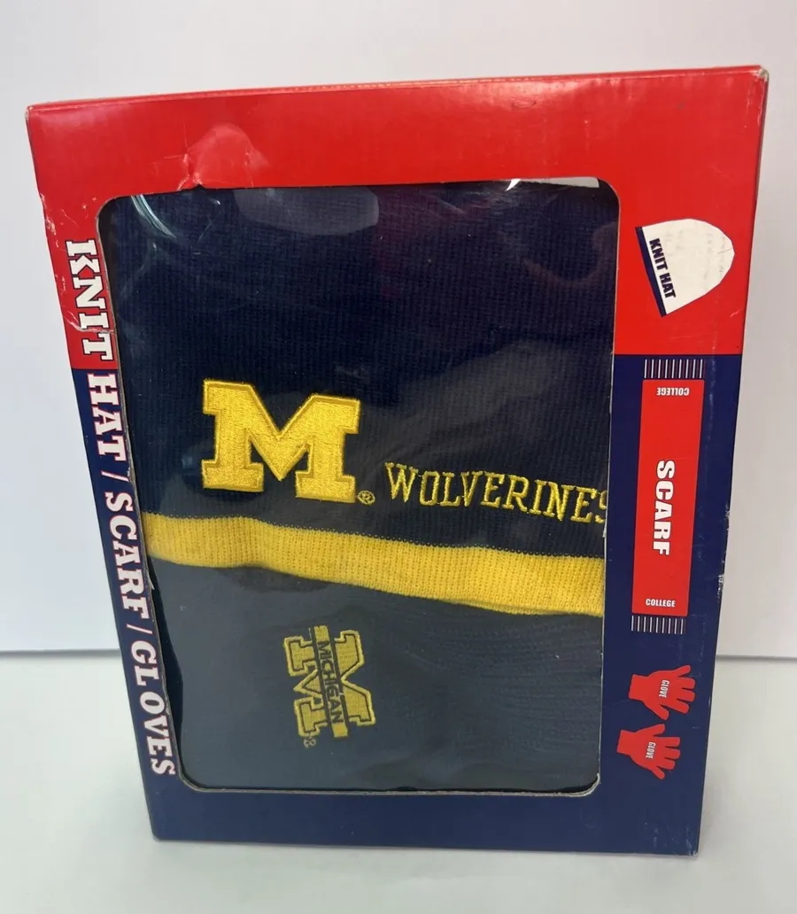 Vintage 90s Michigan Wolverines Knit Hat Scarf Gloves Gift Set NIB Deadstock