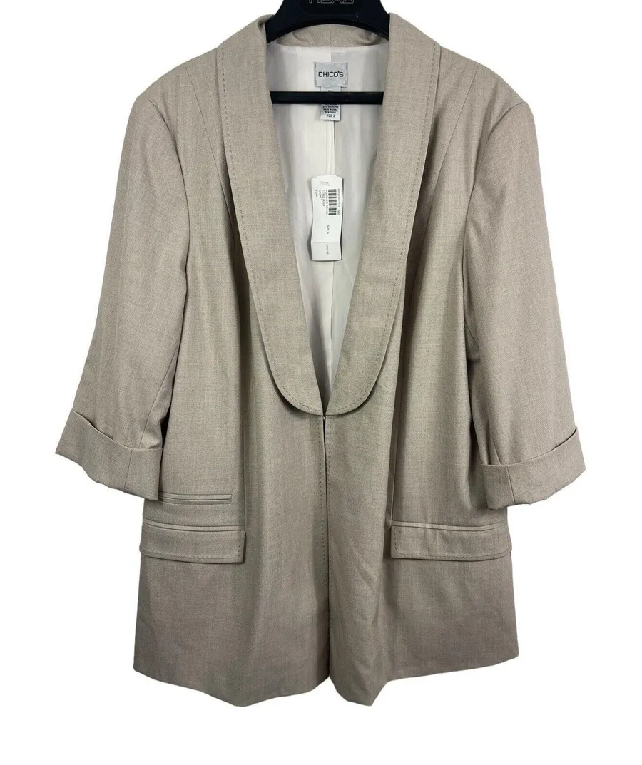 Chico’s 3/4 Sleeve Flax Tan Polished Weave Cerelia Shirt Jacket Sz 3 (XL) NWT