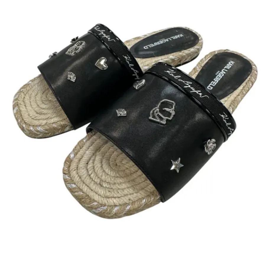 Karl Lagerfeld Tulia Black Embellished Espadrille Slide Sandals. Size 9.5