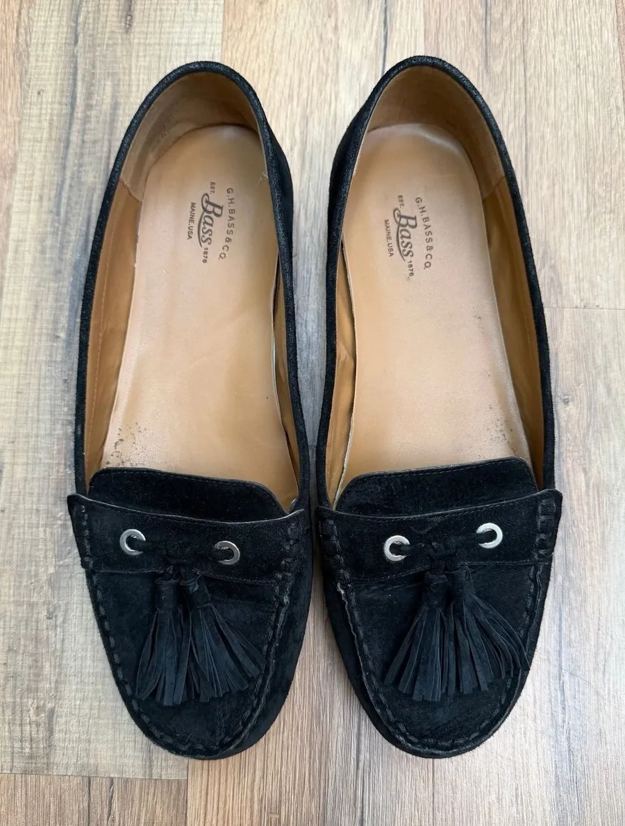 G.H. Bass Tassel Loafers Black Suede Leather Slip On Women 8.5M Size 8.5