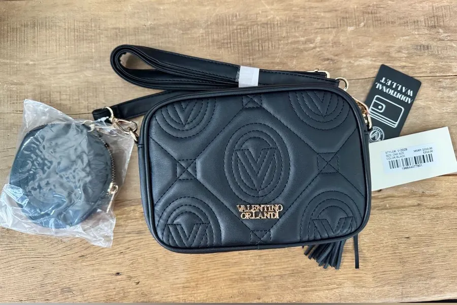 NWT Valentino Orlandi Black Vegan Leather Crossbody Bag with Change Purse $310