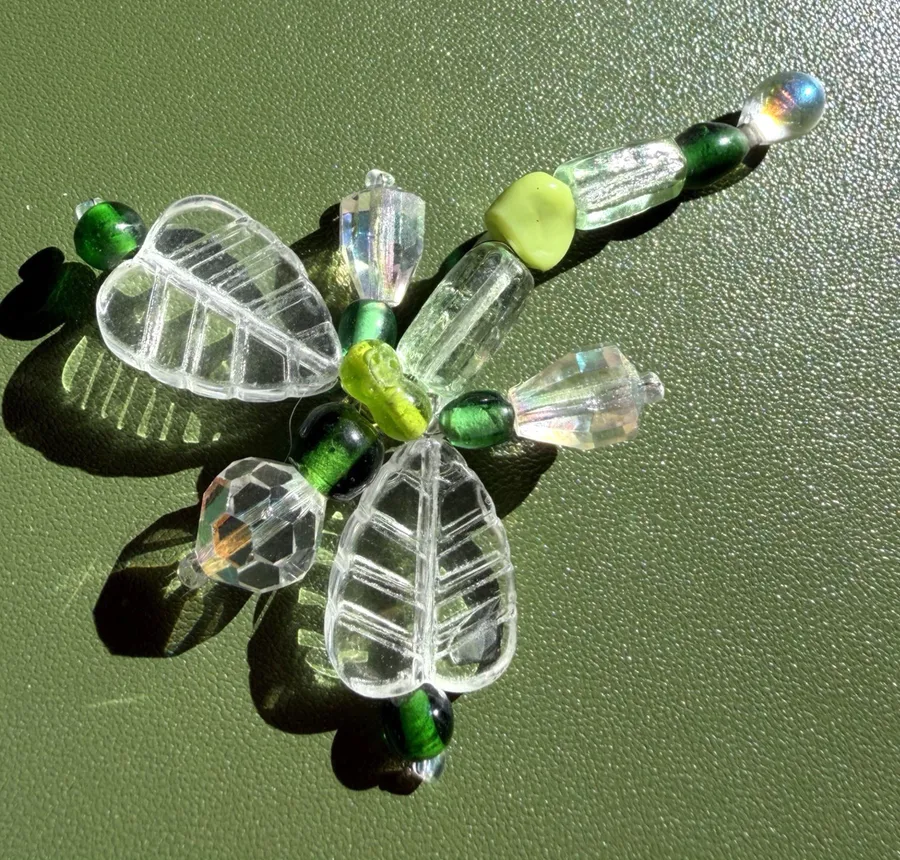 Vintage Beaded Dragonfly Brooch Green Clear Crystal Glass Pin 2.5”