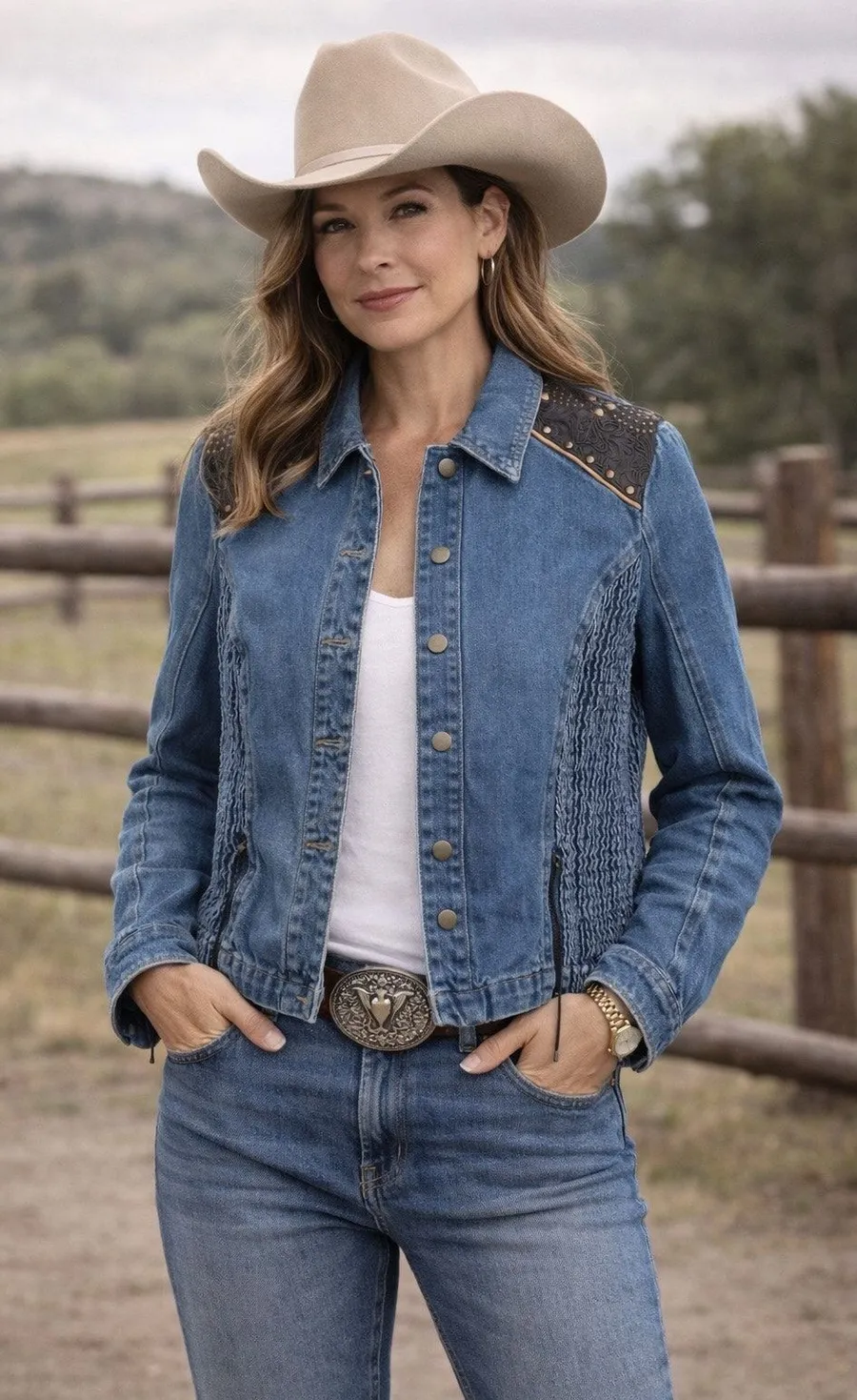 Nancy Bolen City Girl Denim Jacket Western Boho Equestrian Cotton Womens Size 8 Blue