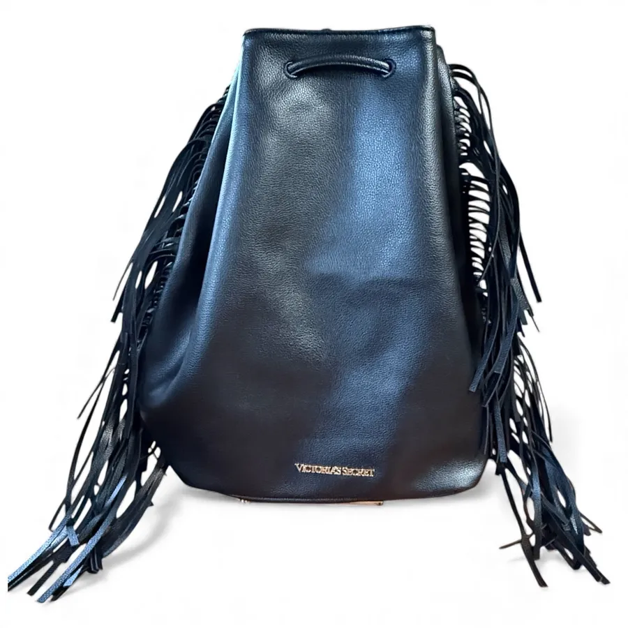 NWT Victoria’s Secret Women's Black Fringe Drawstring Backpack