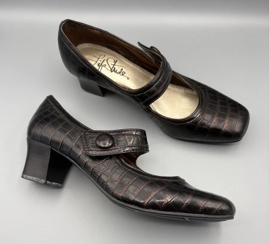 Lifestride Heels Size 8 Brown Mary Jane Square Toe Dark Academia Twee Crocodile