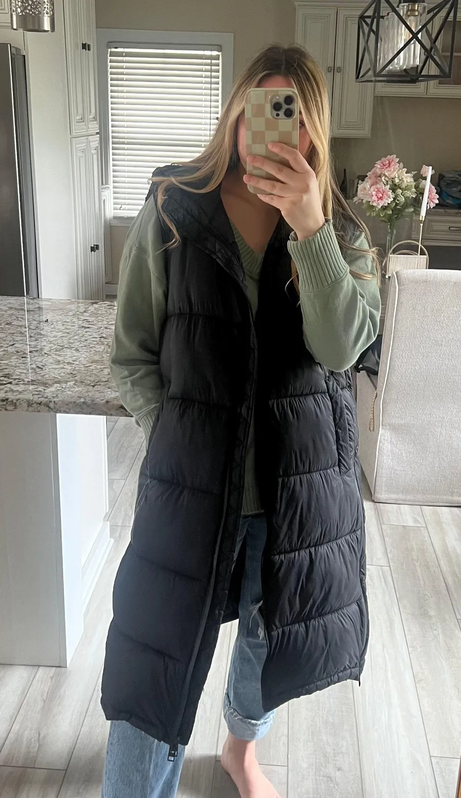 Women's Black Long Puffer Vest Water Repellent Zip XL