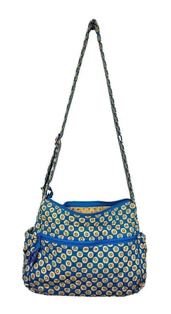 Vera Bradley Floral Shoulder Bag Yellow Blue Zip Pockets Adjustable