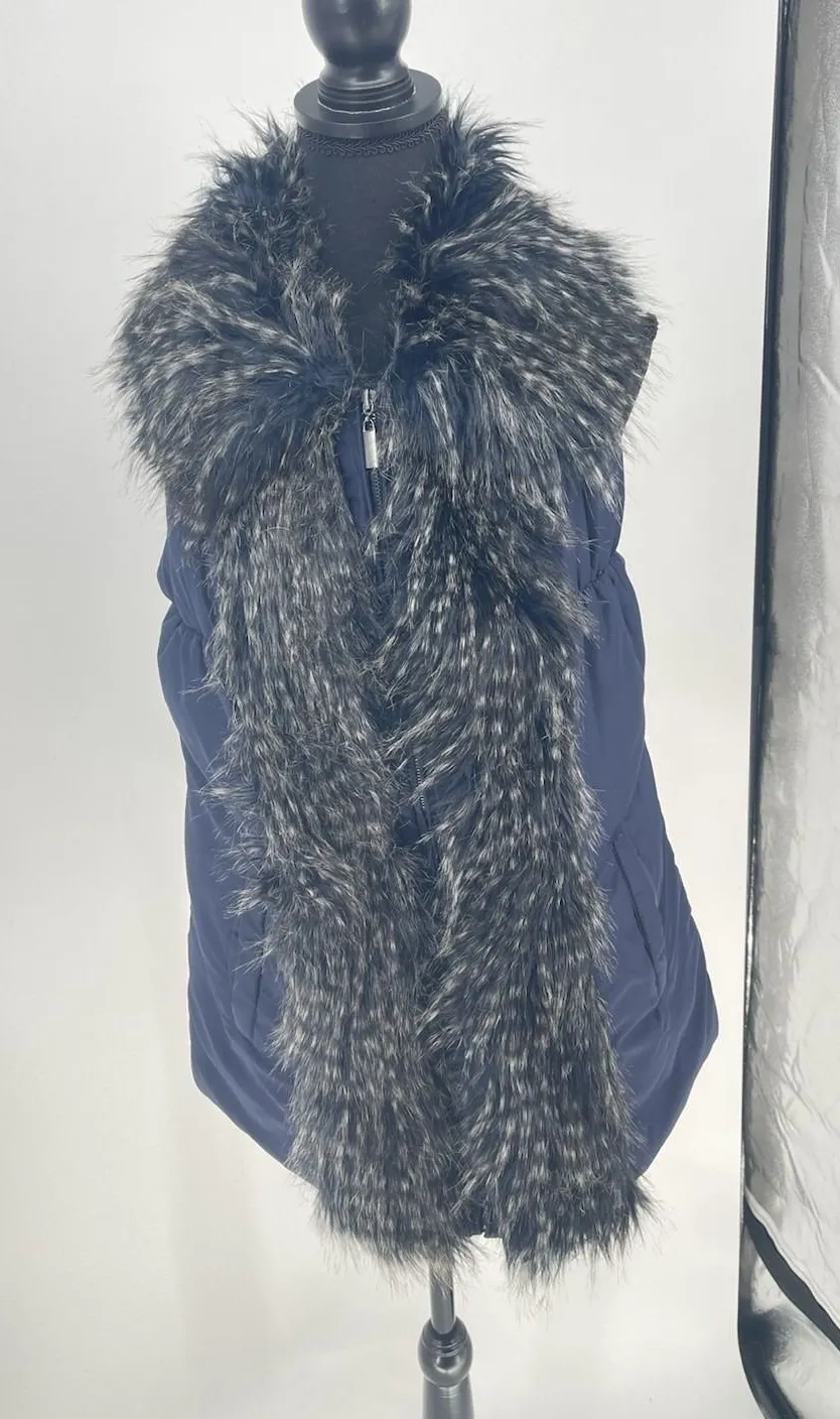 Soft Surroundings Women's Faux Fur Puffer Vest Jacket Blue Size L