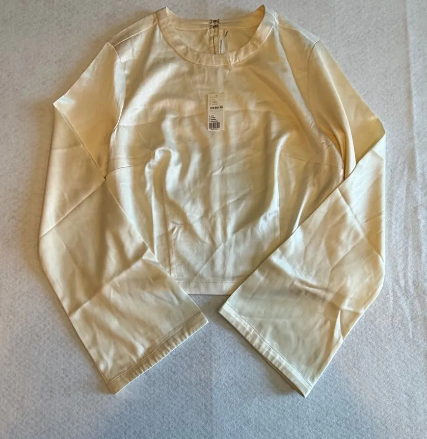 Anthropologie Ivory Satin Cropped Long Sleeve Blouse Size M NWT