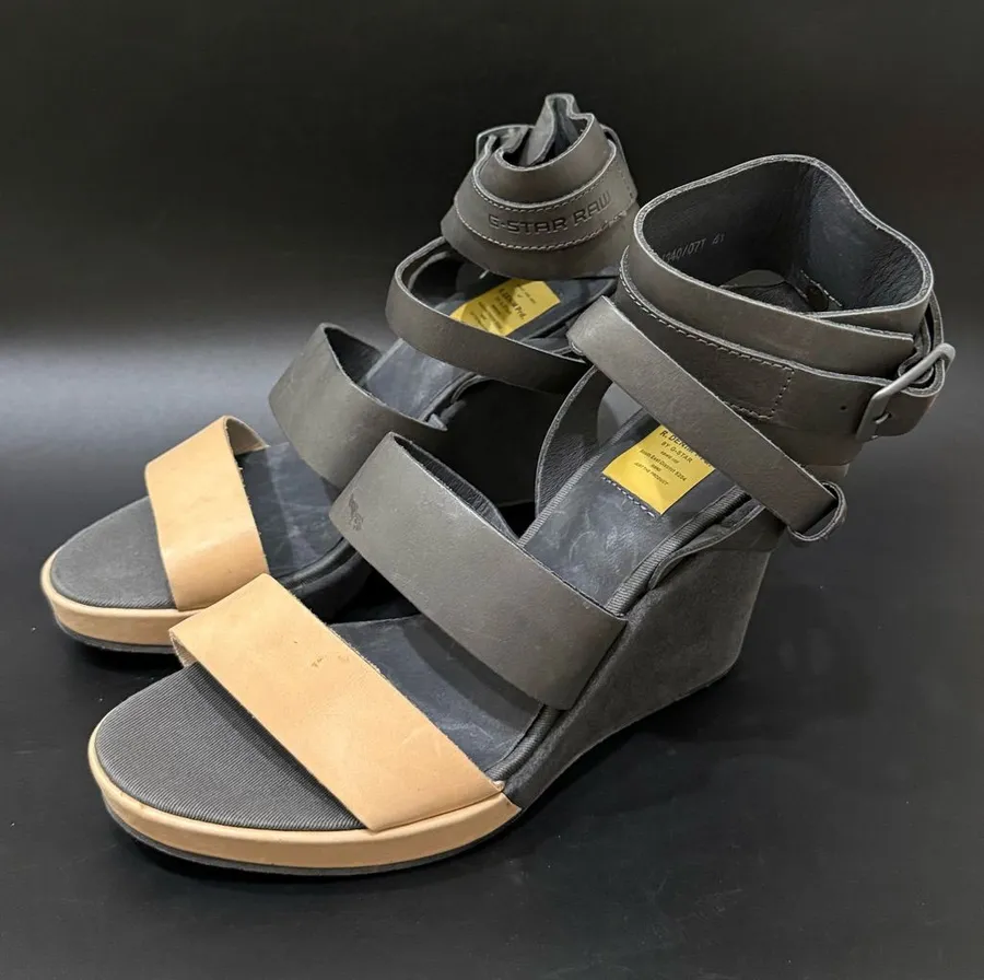 G-Star RAW Blondell Pinkerton Gray/Beige Leather Wedge Sandals Size EU41 US9-9.5