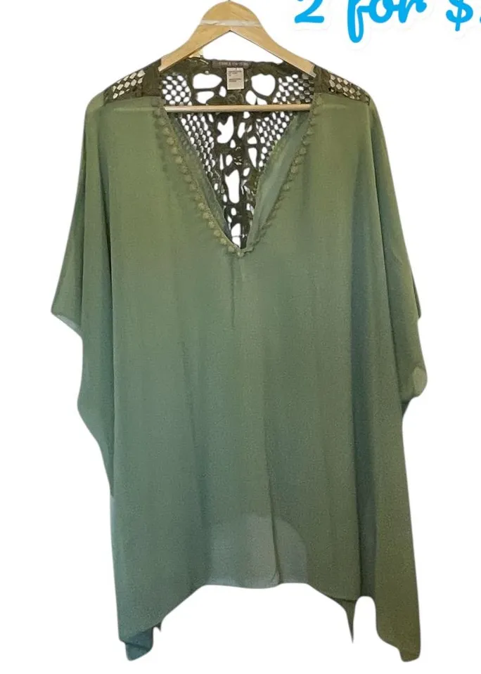 VINCE CAMUTO Olive Green Crochet Lace Trim Pullover Swim Cover Up Kimono Topper