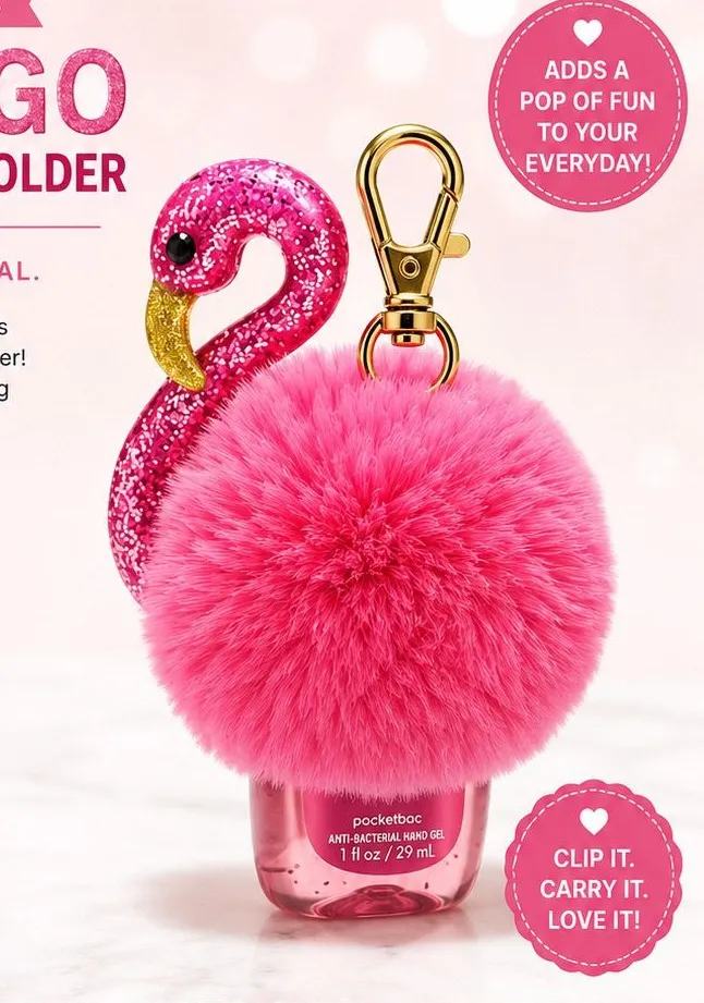 Bath & Body Works Flamingo Pom PocketBac Holder Pink Glitter Clip