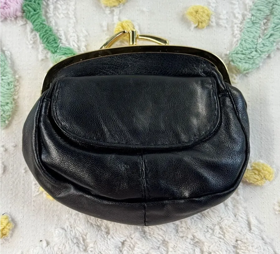 Black Sheep Leather Double Kiss Lock Coin Purse Gold Hardware Front Snap Pocket