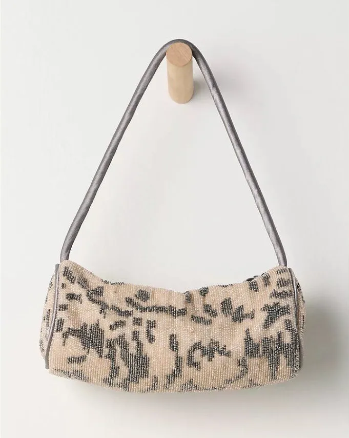 FREE PEOPLE Bailey Beaded Barrel Bag in Cream / Grey NWT