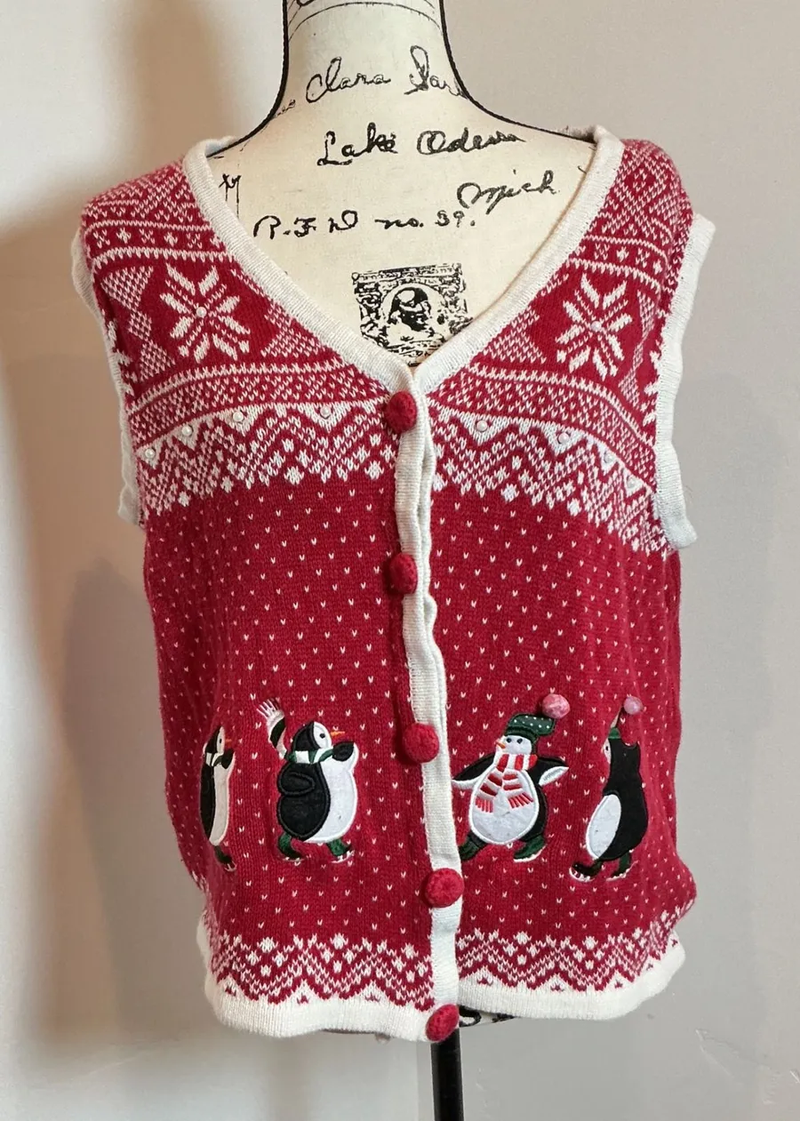 Holiday Editions Penguin Christmas Sweater Vest Red Fair Isle Ugly Christmas XL Size undefined