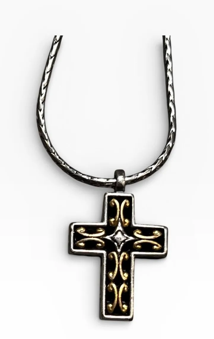 Brighton Seville Cross Necklace Reversable Silver Gold 16" Two-Tone Scrollwork