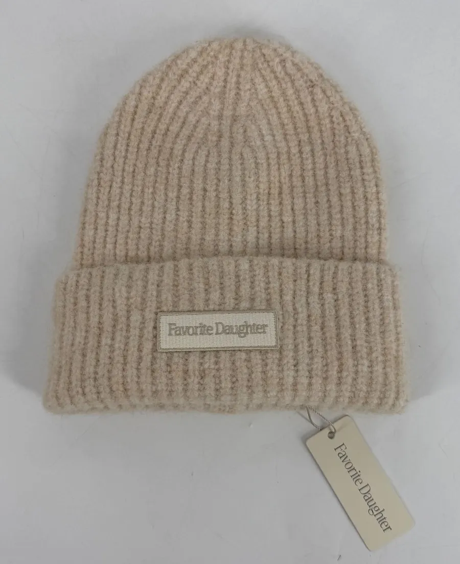 Favorite Daughter Logo Patch Rib Beanie Ivory Cream Knit Hat NWT White