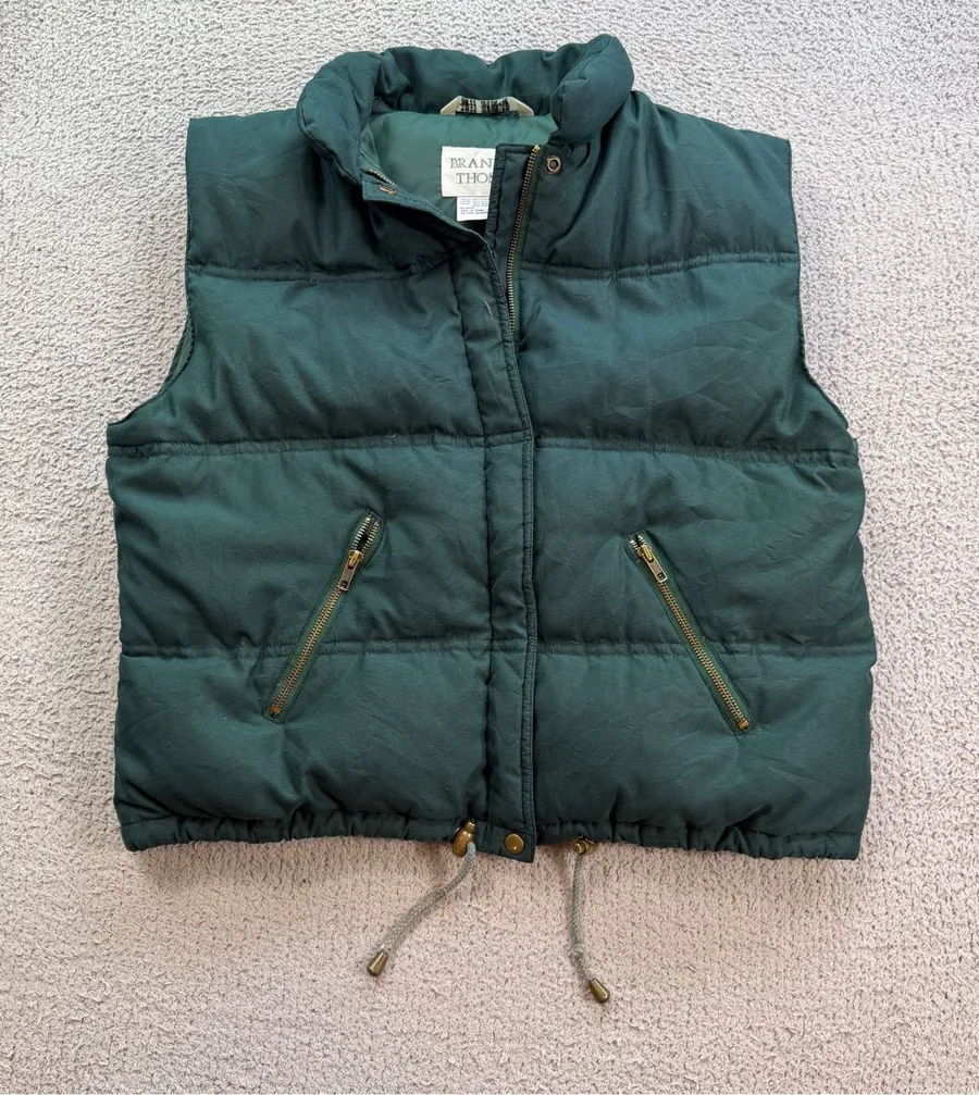 Vintage Brandon Thomas Green Down Feather Puffer Vest Small Brass Zip Outdoor