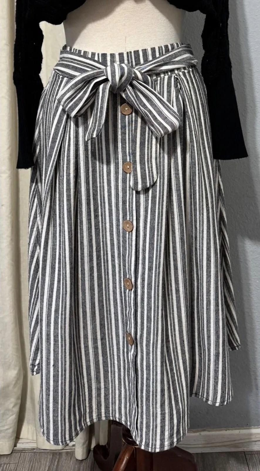See You Monday Linen Blend Striped Midi Skirt Size L Black White Nautical Cottagecore Modest