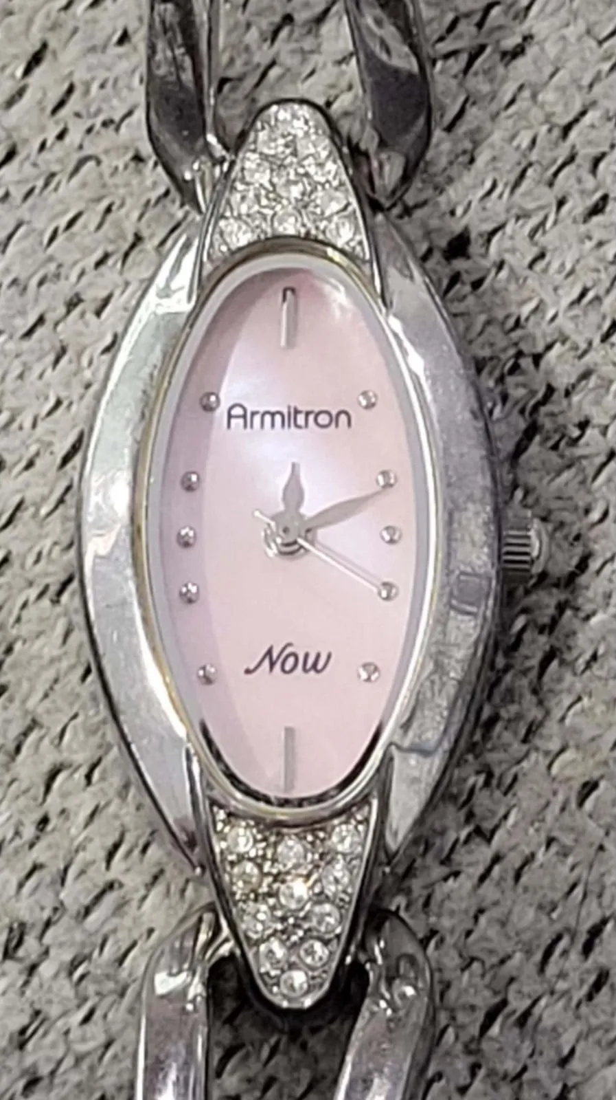 Armitron Now Silver Tone Bangle Watch Pink Face Rhinestone Accent Womens
