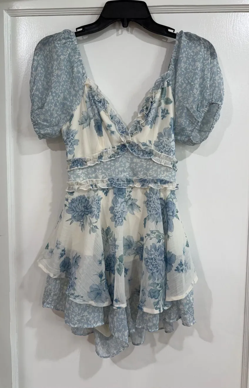 Altar'd State Blue and Cream Floral Ruffle Romper XXS