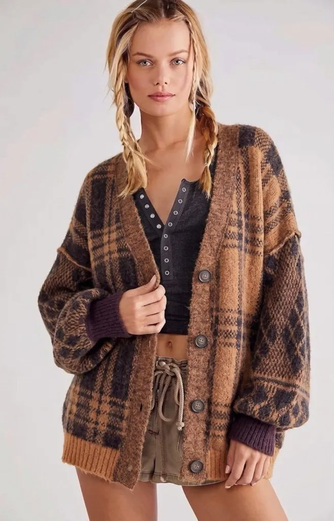 Free People Oversized Plaid Cardigan Sweater Large Cobain Grunge Dark Academia