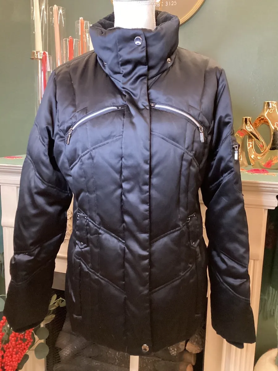 ana A NEW APPROACH Womens Black Satin Quilted Down Winter Jacket Size L Black Size L