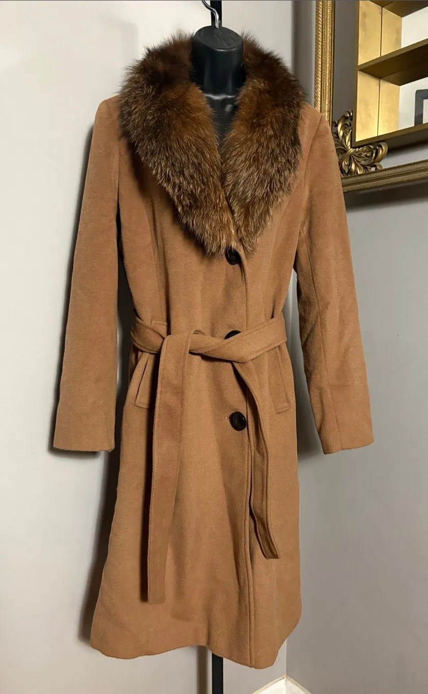 Ellen Tracy Size 6 Brown Wool Blend Belted Pea Coat Fox Fur Collar