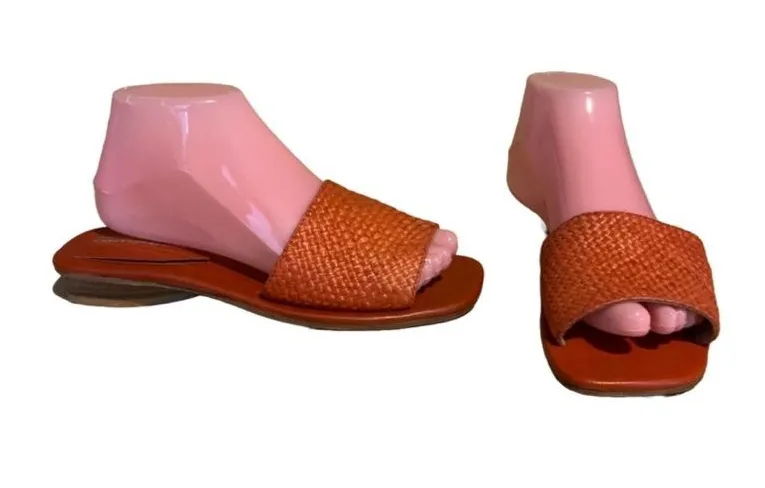 JEFFREY CAMPBELL ORANGE RAFFIA AND LEATHER SLIDE FLATS (8)