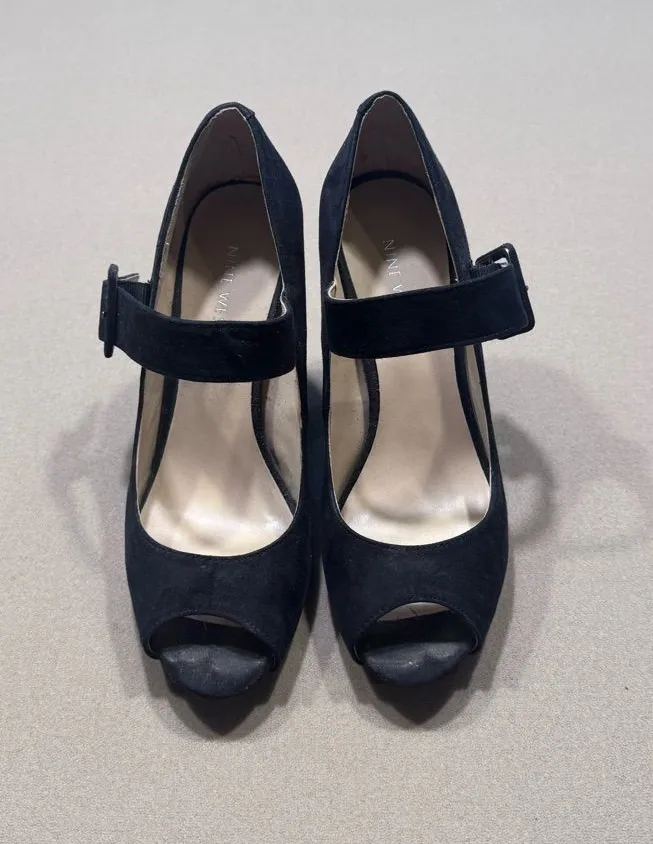 Nine West Black Suede Peep-Toe Mary Jane Heels