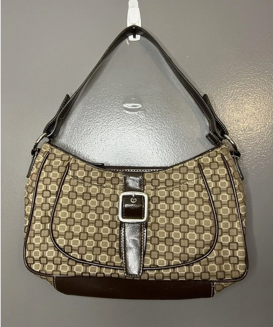 Nine West Shoulder Bag Womens Small Brown Geometric Faux Leather Purse Buckle