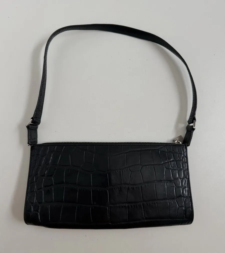 Vintage Mansac Original Leather Purse Handbag Mini Croc Embossed Party Black