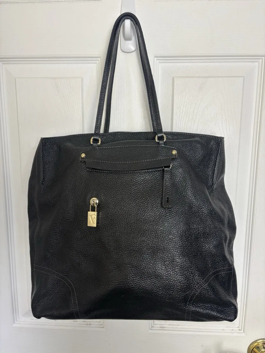 Furla Black Pebbled Leather Large Tote Bag Gold Hardware F Lock Charm