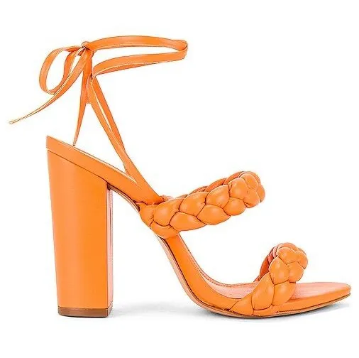 Schutz Zaria Orange High Block Heel Sandals Braided Ankle Straps Women's 9.5B