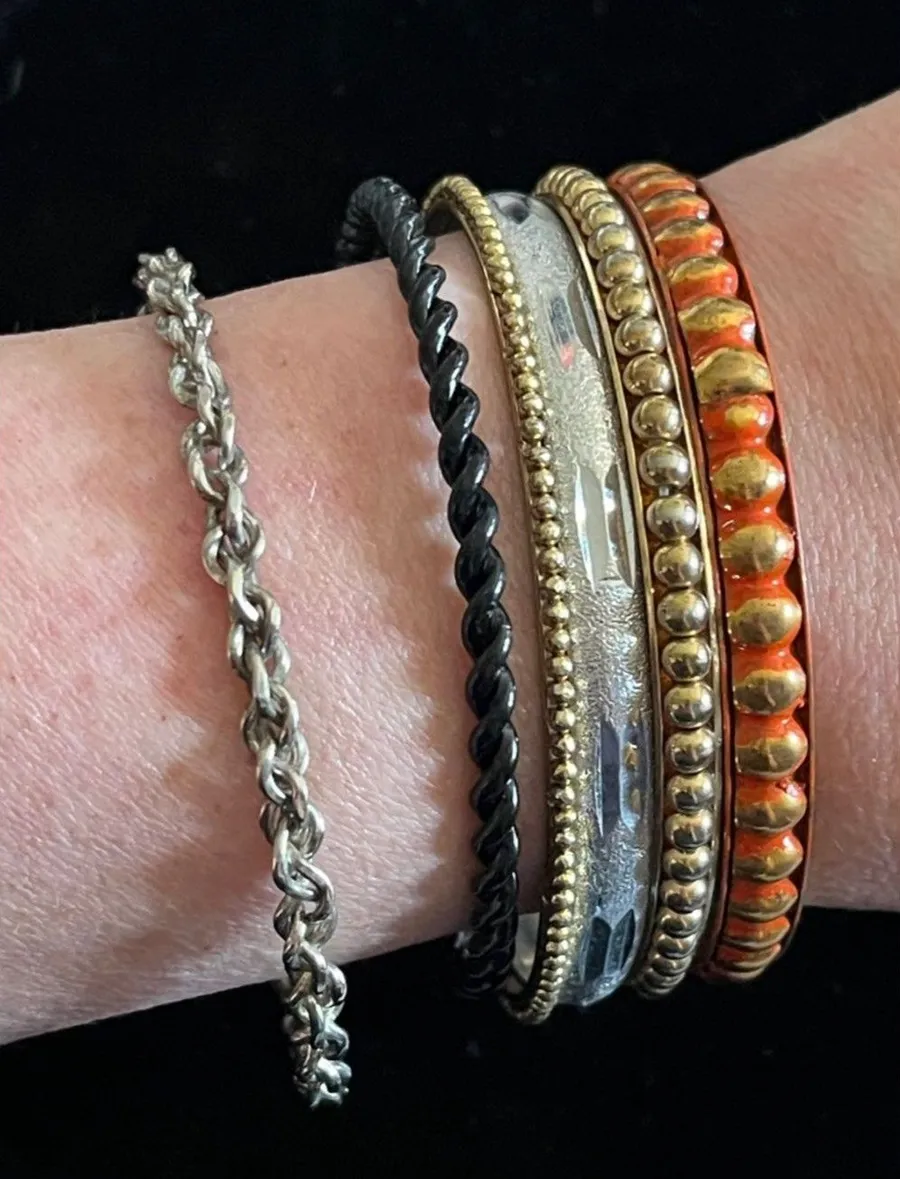 6 metal bangle bracelets textured coastal multicolored mixed media Silver