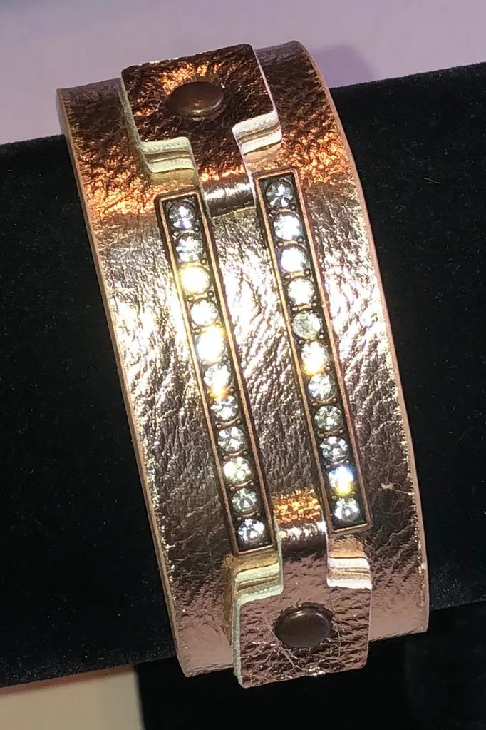 Rose Gold Tone Faux Leather Crystal Accent Bracelet Pink