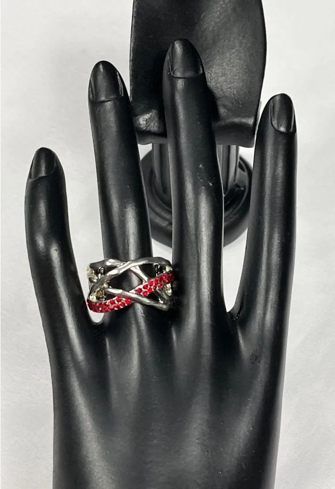 Silver Tone Stretchable Ring SKU 007 With Red Rhinestone Accents
